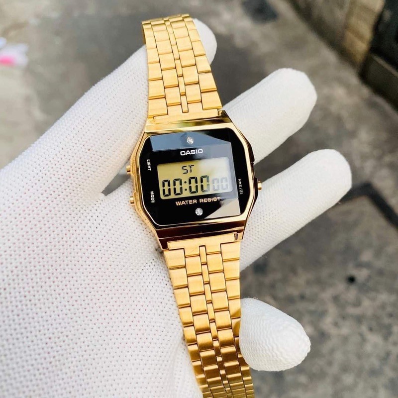 Đongf hồ CASIO A159 Unisex mặt kim cương gold A159WGED-1