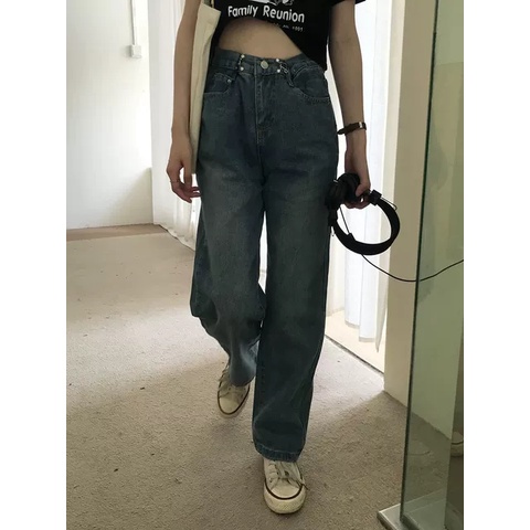 Quần Jean Nữ SEMI XANH ĐẬM Móc Gài Eo Ống Rộng Form Suông Phong Cách Ulzzang