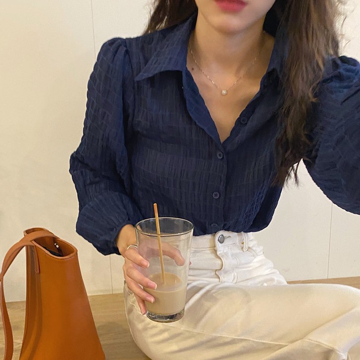 Áo Kiểu Nữ Tay Phồng Cổ Chữ V Màu Trơn 36158