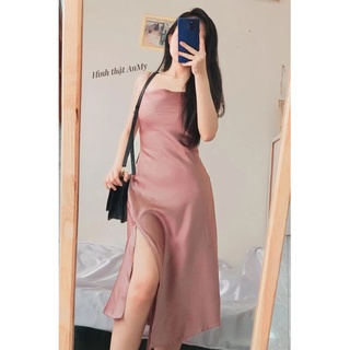 (Order) Đầm lụa cổ đổ 2 dây xẻ tà đi tiệc