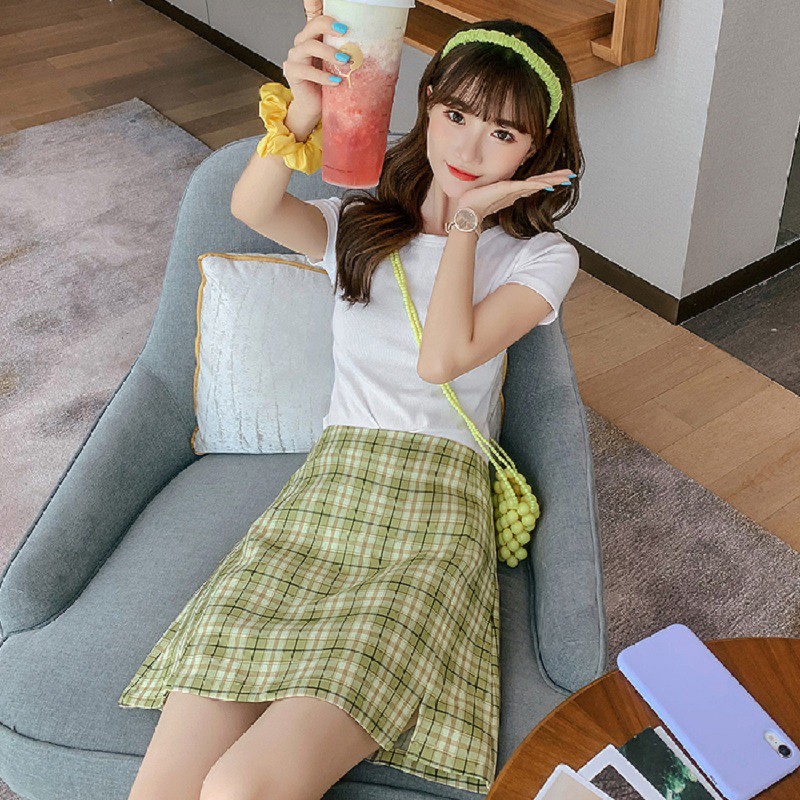 Váy Chữ A  Cạp Cao Kẻ Ca-Ro Dễ Thương Phong Cách Hàn Quốc | BigBuy360 - bigbuy360.vn