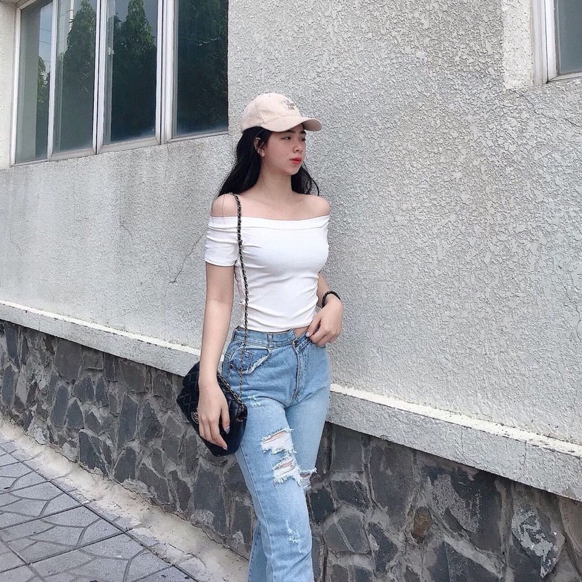 Áo Thun Croptop Body Bẹt Vai Tay Ngắn Dáng Ôm Trễ Vai Ulzzang