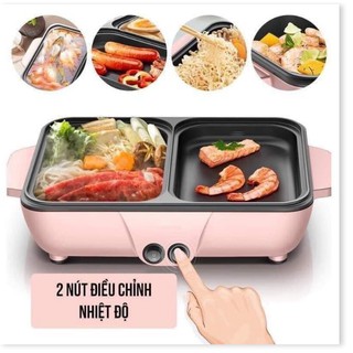 Nồi điện mini đa năng chiên nấu 2 ngăn, bếp lẩu nướng điện mini 2 trong 1