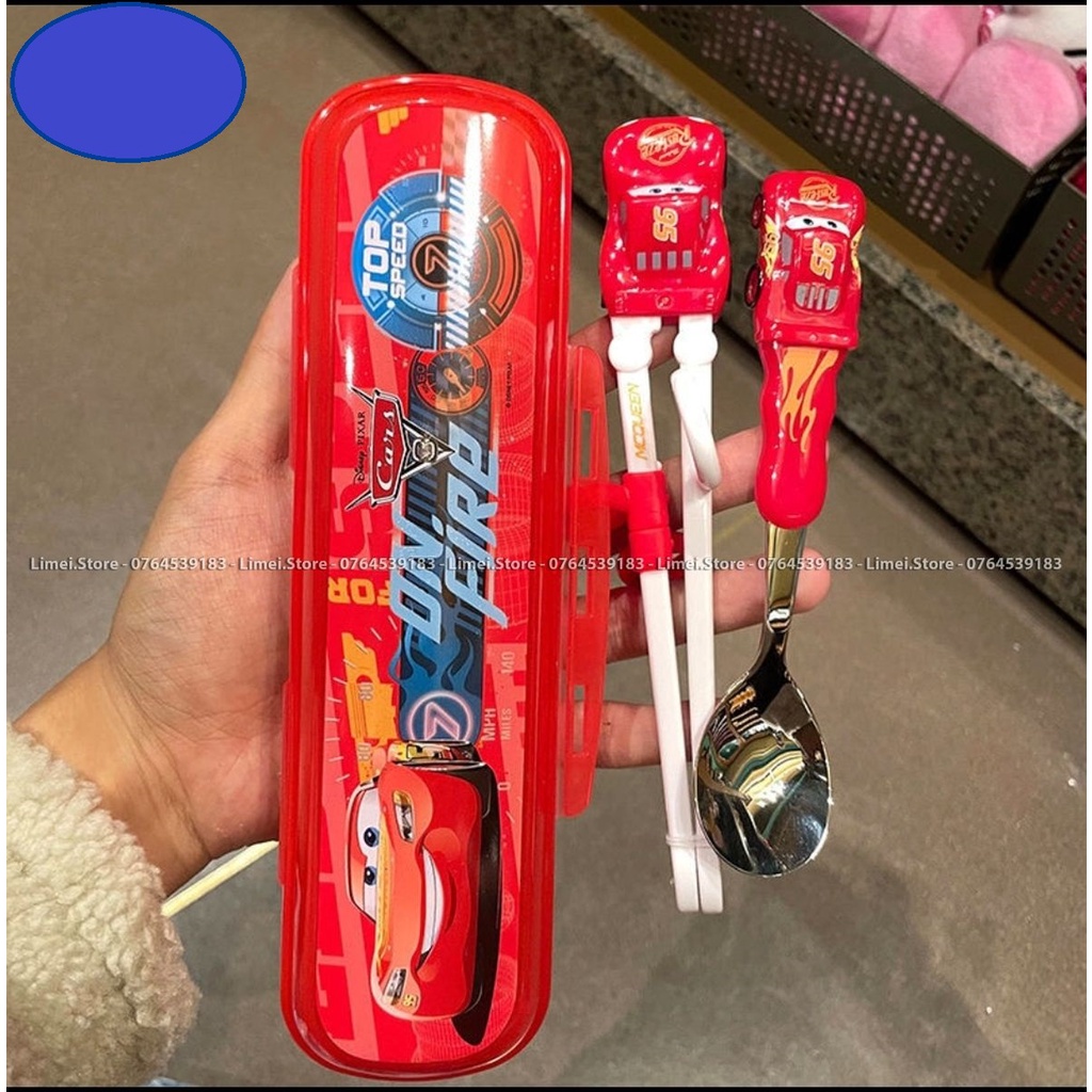 Set hộp đũa muỗng tập ăn nhựa 3D Frozen Car95 Mickey Sulley Mike Princess Disney cho trẻ em bé trai gái