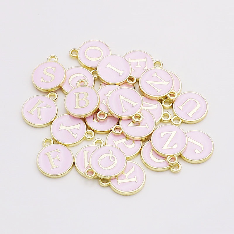 Bông Tai Móc Khóa Hình Tròn Bằng Hợp Kim Dầu Hồng In Chữ ABCDEFG Hai Mặt Diy