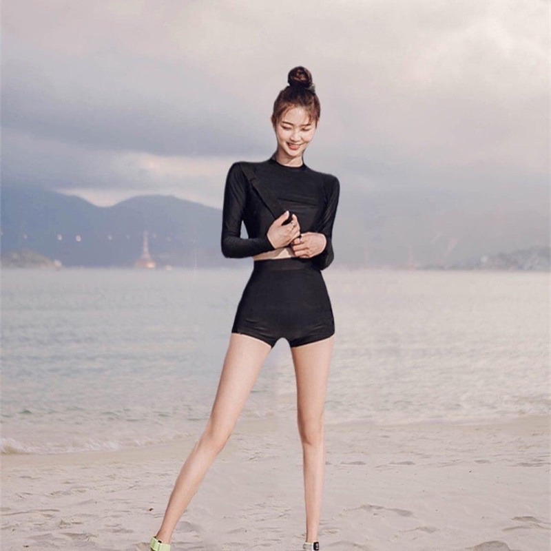 [BIKINI DÀI TAY LOẠI ĐẸP] Đồ bơi nữ bikini đi biển nữ 2 mảnh lưng cao áo tay dài đen cá tính | BigBuy360 - bigbuy360.vn