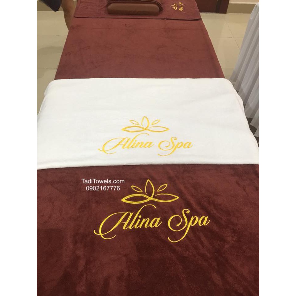 10 Khăn trải thêu LOGO thuơng hiệu riêng spa, nha khoa, tẩm quất kt 90x190