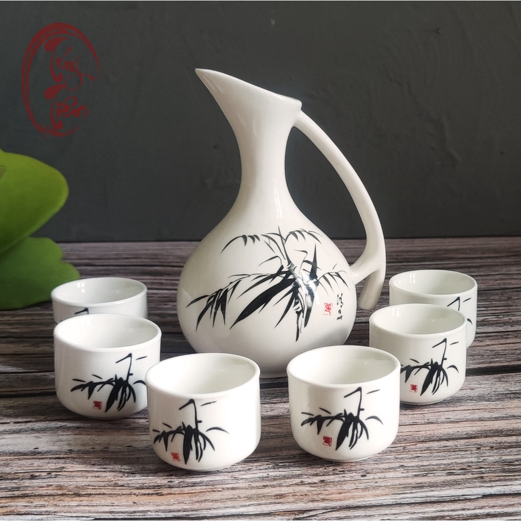 (THANH LÝ HÀNG LỖI NHẸ) Bộ bình rót rượu có quai + 6 ly uống Trung giả cổ có quai cầm bằng gốm sứ 270ML