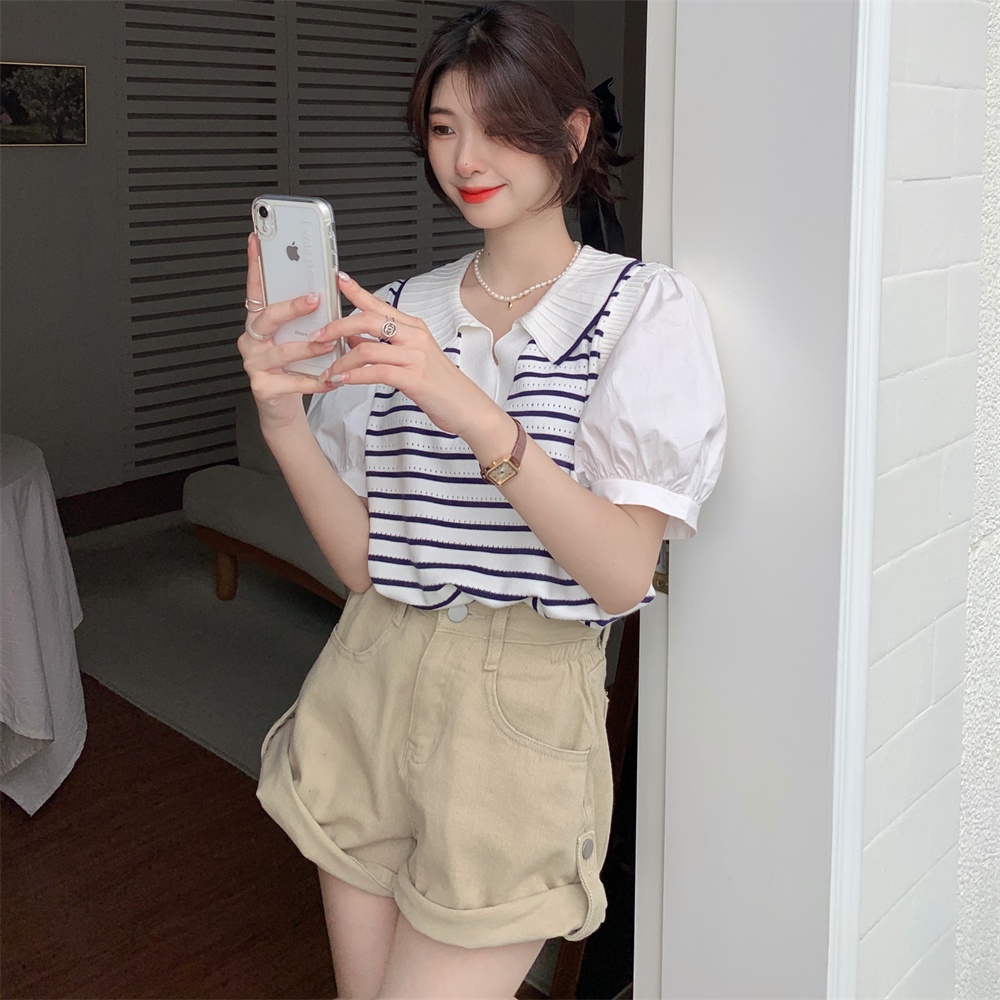 Áo Thun Dệt Kim Ngắn Tay Dáng Ôm Họa Tiết Kẻ Sọc Thời Trang Hàn Quốc Cho Nữ