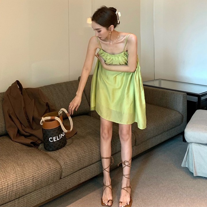 Cocory vn Đầm Ống Hai Dây Đính Bóng Lông Phong Cách Retro Pháp Cho Nữ