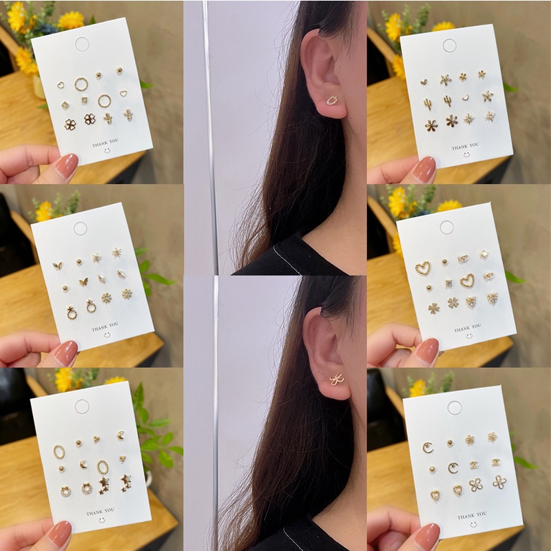 Set 6 đôi bông tai mạ bạc 925 thiết kế hình học đơn giản thời trang