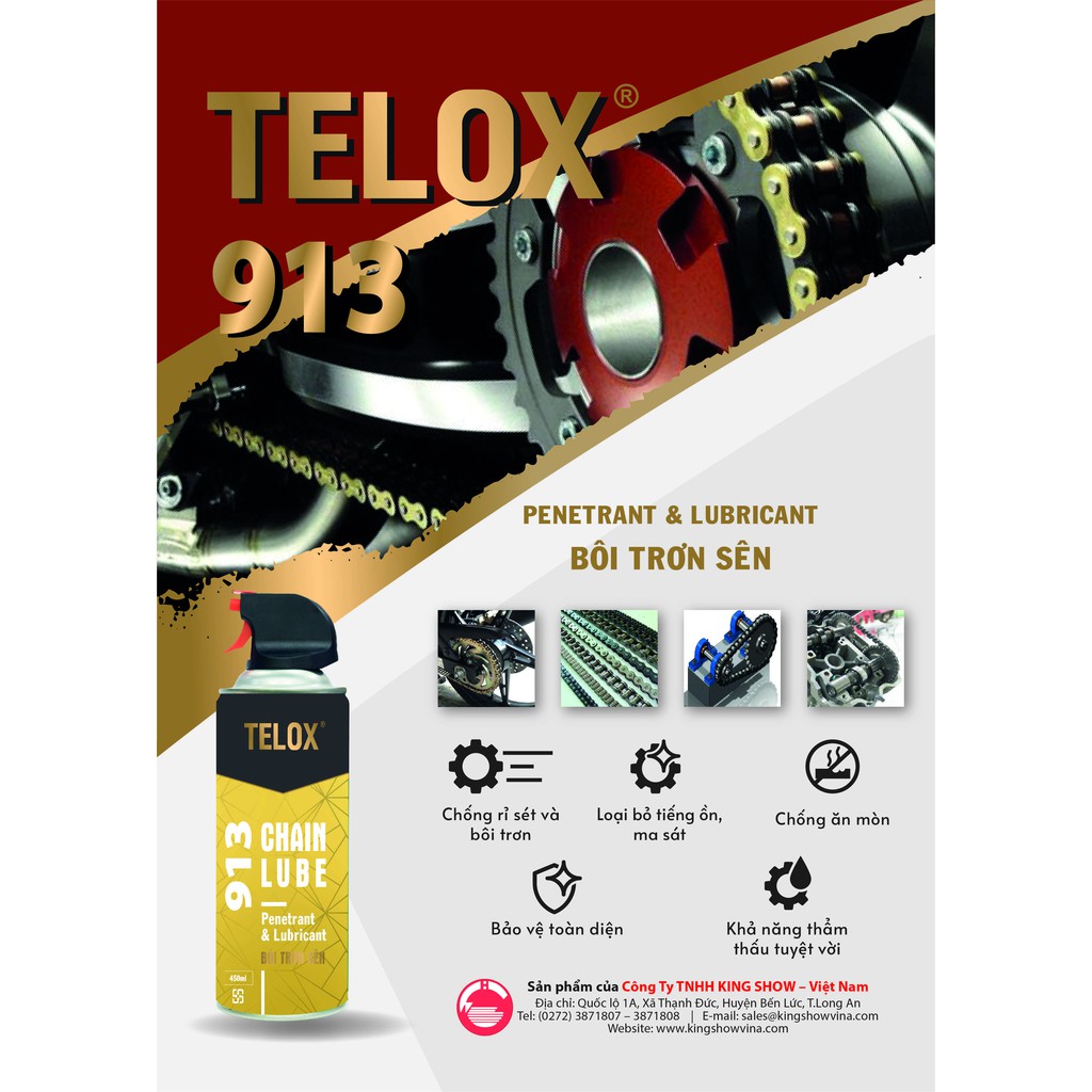 Bình xịt bôi trơn loại bỏ tiếng ồn cho xích-sên xe máy Telox 913 450ml