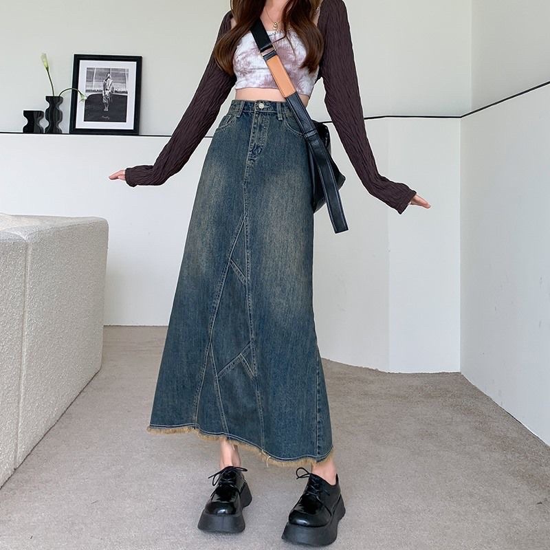 [Hàng Sẵn] Chân váy jean dáng dài cạp cao có xẻ sau hàng chất lượng | BigBuy360 - bigbuy360.vn