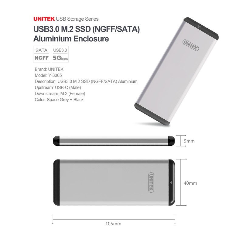 Box chuyển SSD M2 Sata sang ổ cứng di động Unitek Y-3365 chuẩn 3.0 hỗ trợ đến 5Gbps (Xám)