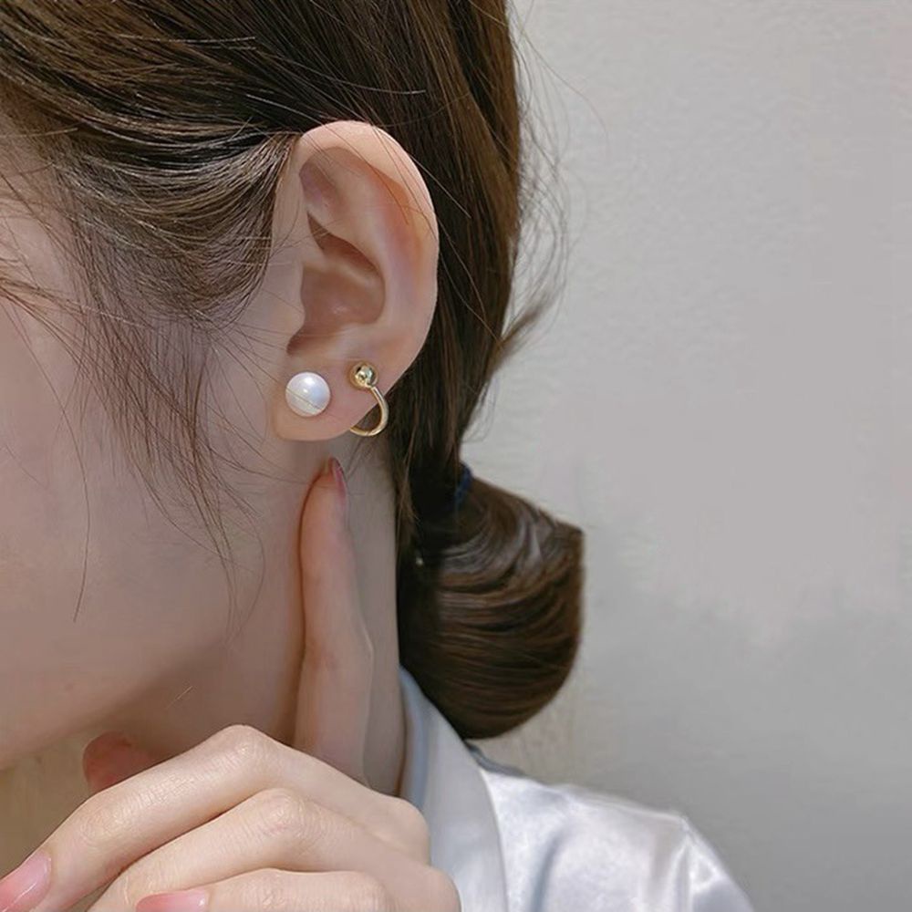 Bông tai hình chữ C hai lớp đính ngọc trai phong cách Hàn Quốc thanh lịch cho nữ