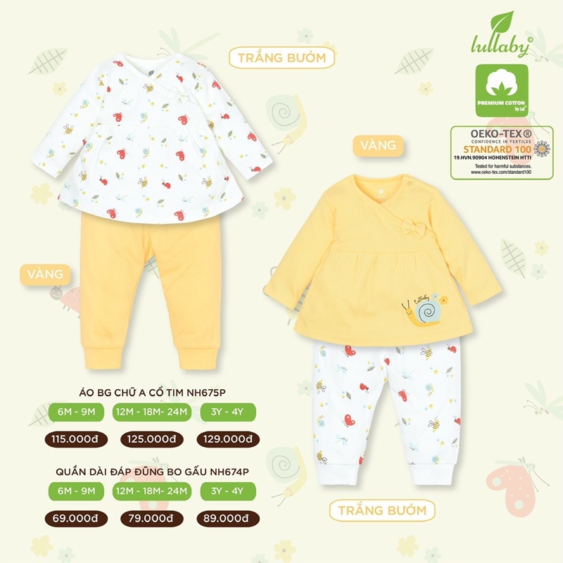 Bộ dài tay bé gái cổ tim Lullaby NH675P vải cotton