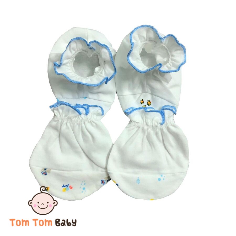 Bộ bao tay chân cotton sơ sinh họa tiết trắng JOU- chất vải rất đẹp