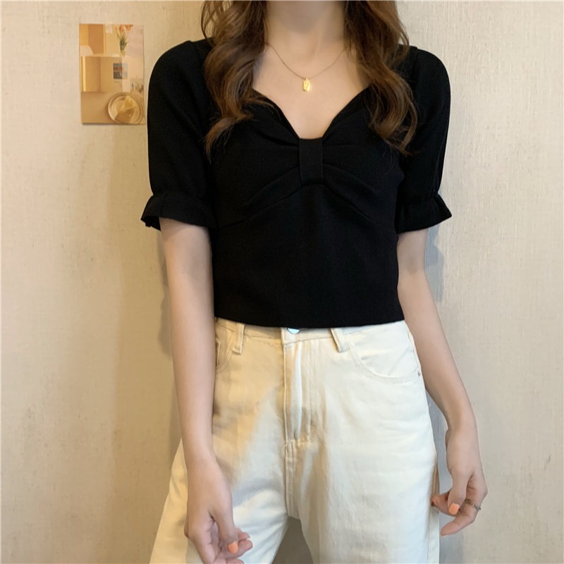 Áo Thun Tay Ngắn Cổ Chữ V Thắt Nơ