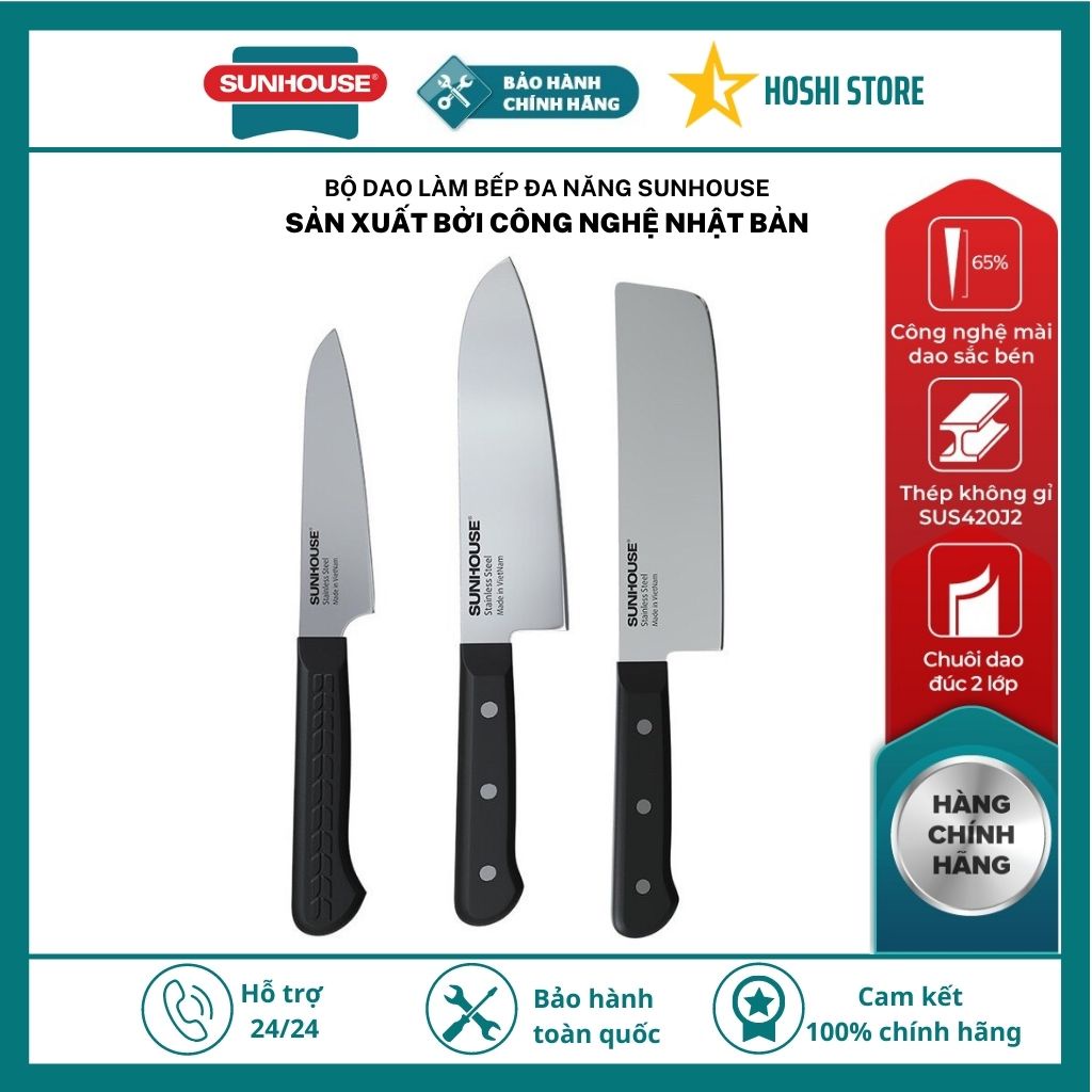 Bộ 3 dao. Bộ dao 3 món, dao xuất Nhật, dao làm bếp siêu sắc SUNHOUSE, sản xuất theo công nghệ Nhật Bản