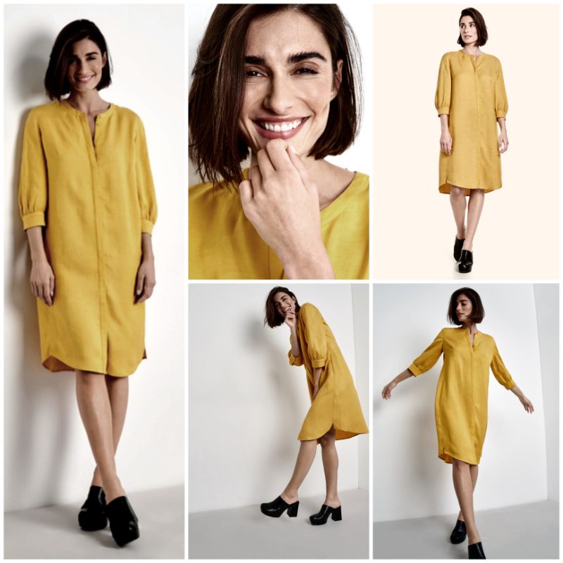Đầm suông TAHARI linen form suông vạt bầu tay lỡ phồng cổ trụ nút giữa vàng mù tạt đậm