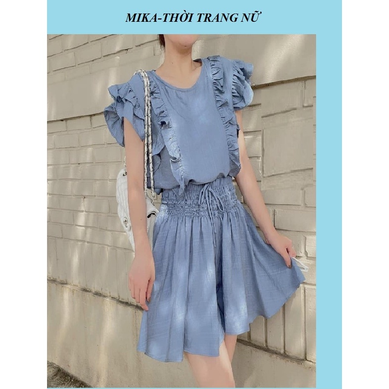 Set đồ nữ đẹp, set trang phục, quần đùi xòe áo sát nách xếp bèo cực xinh