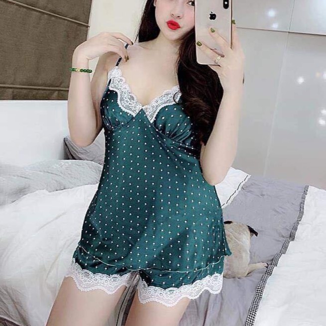 Đồ ngủ lụa bigsize tới 65kg sexy chấm bi 🎁️TẶNG lót ngực🔥váy ngủ lụa hai dây sexy AM150DB02 | BigBuy360 - bigbuy360.vn