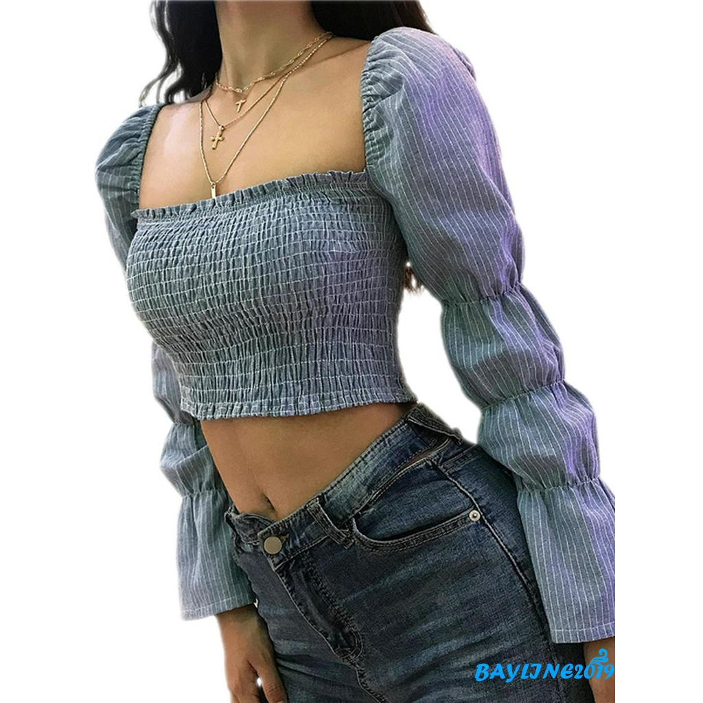 Áo Crop Top Dài Tay Cổ Vuông Họa Tiết Kẻ Sọc Gợi Cảm Cho Nữ