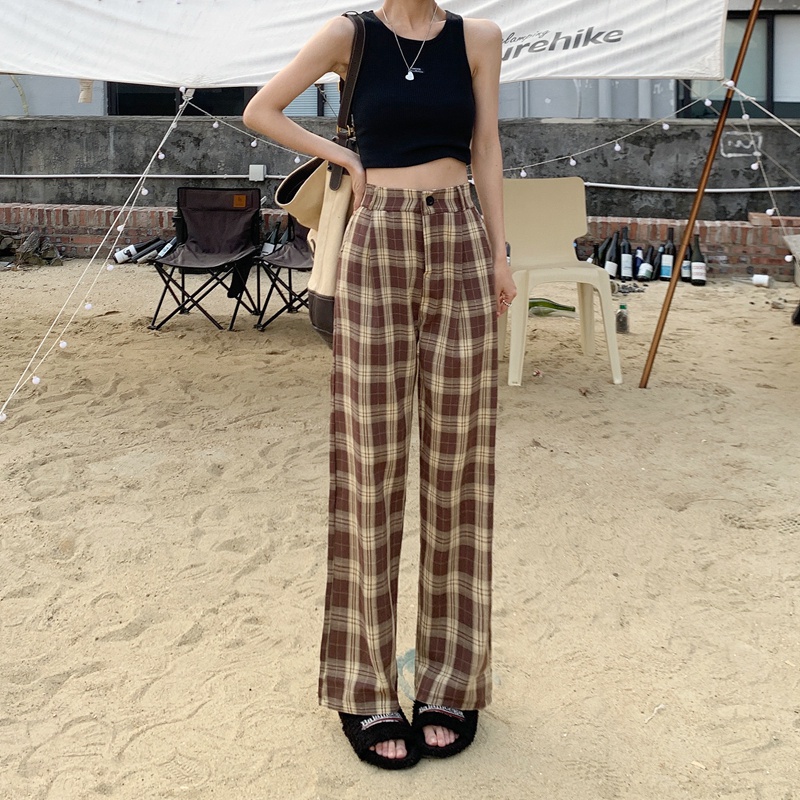Quần ống rộng SUXI họa tiết sọc caro thời trang cá tính cho nữ