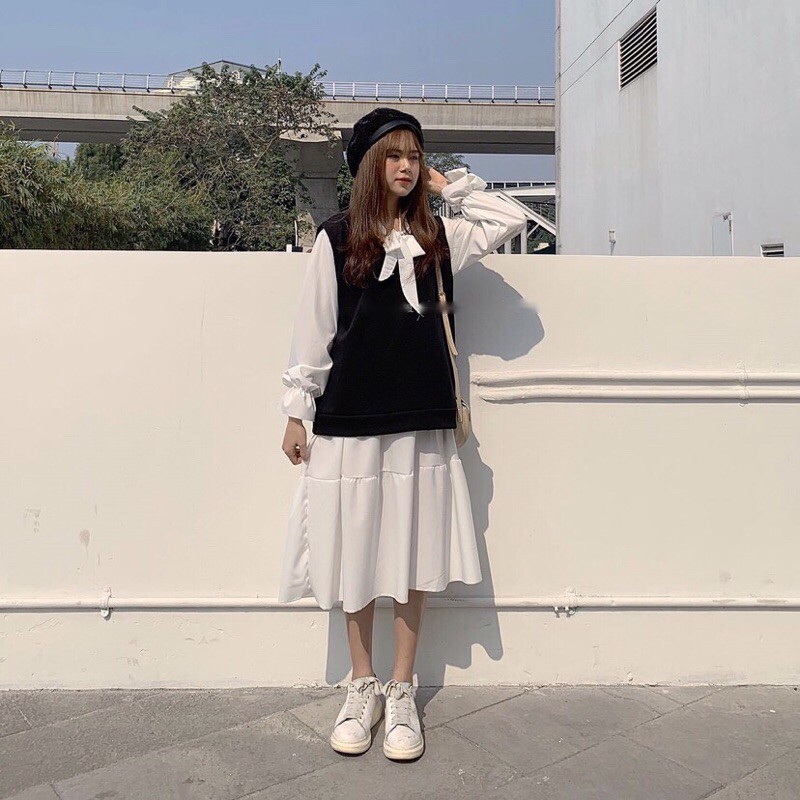 Set váy babydoll buộc nơ cổ kèm áo gile trơn form thụng, set váy tiểu thư ulzzang 3 tầng kèm áo đi học đi chơi | BigBuy360 - bigbuy360.vn