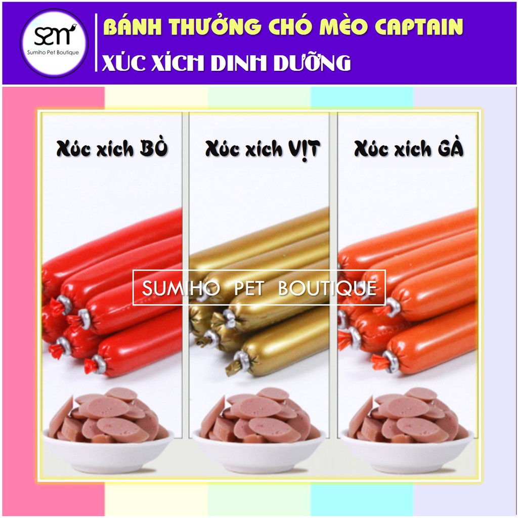 Xúc xích cho chó mèo Captain (15g/cây) nhiều vị bò gà vịt phô mai