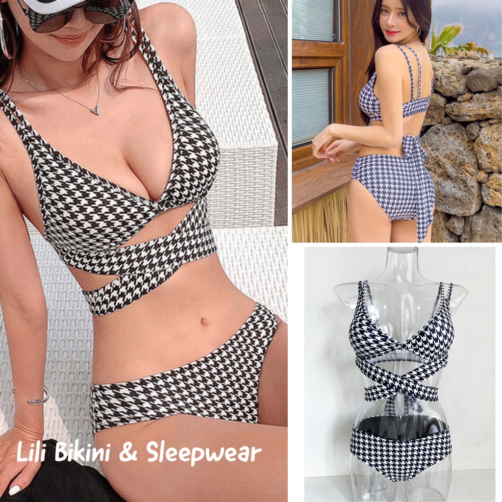 Mẫu mới 2023 bikini Hàn Quốc đen caro đồ bơi 2 mảnh tôn dáng khoe eo kiểu dáng gợi cảm bộ đồ bơi đi biển