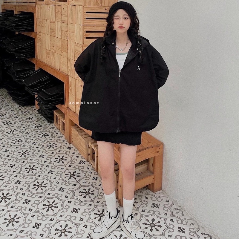 Áo Khoác Kaki Chun Tay Bồng Thêu Logo Chữ A Ulzzang Hot(Ảnh Thật)