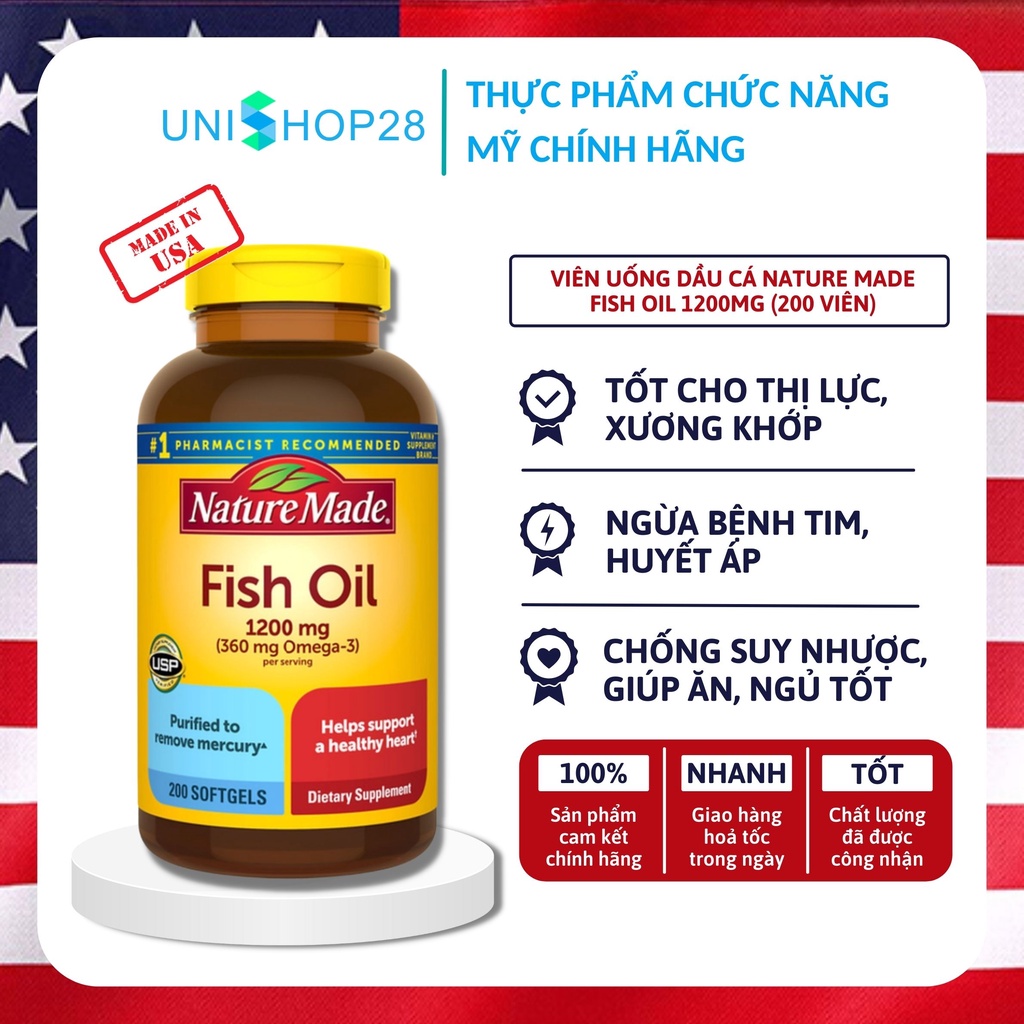 Viên uống dầu cá Nature Made Fish Oil 1200mg (360mg Omega-3) TPCN Mỹ 200 Viên (Mẫu mới)