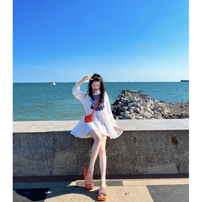 Đầm babydoll bbd trắng dài tay in hình