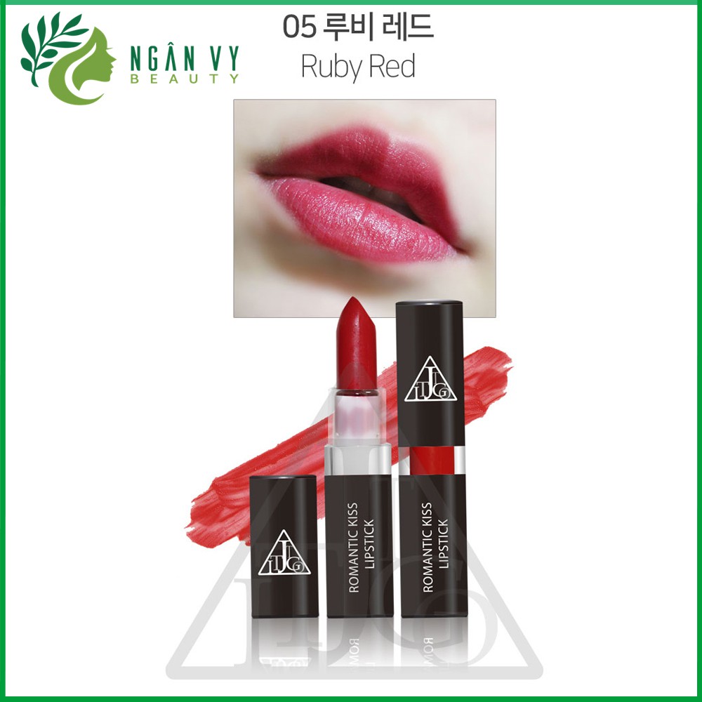 Son không chì lì mịn Hàn Quốc JIGOTT Romance Kiss Lipstick Số #5 màu đỏ mận Ruby Red 20g