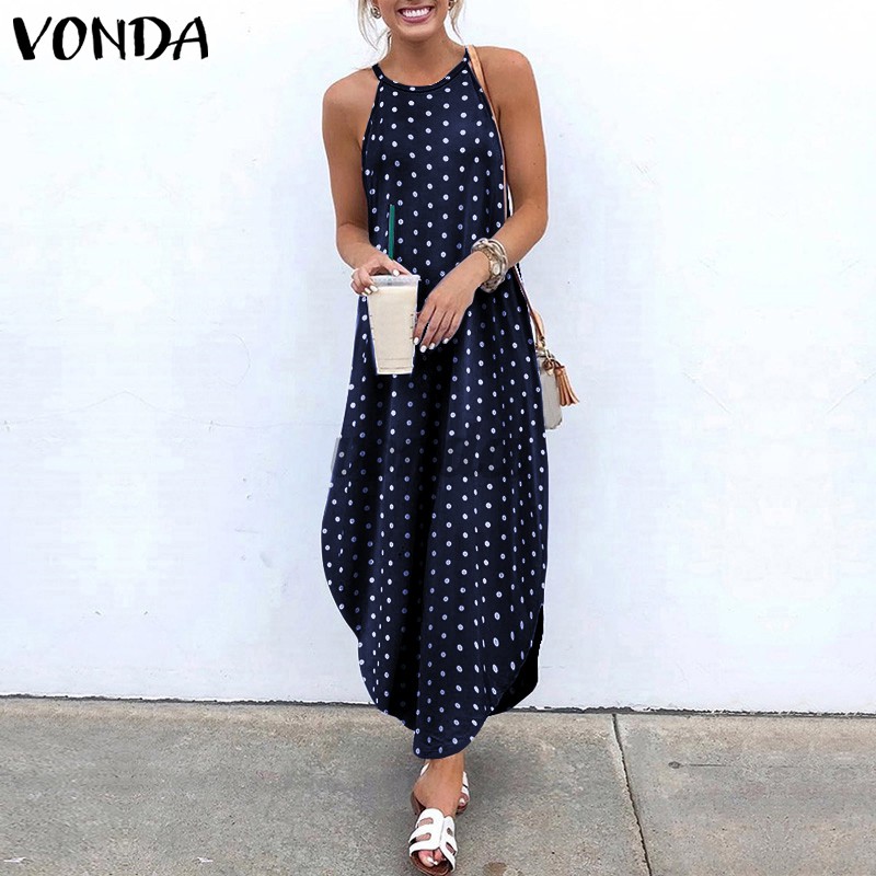 Đầm Dài VONDA Cổ Yếm Hoạ Tiết Chấm Bi Phong Cách Bohomian | BigBuy360 - bigbuy360.vn