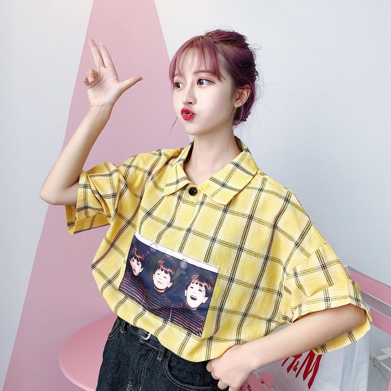 Áo Sơ Mi Ngắn Tay Dáng Rộng Họa Tiết Sọc Caro Phong Cách Hàn Quốc Thời Trang Mùa Hè Mới Cho Nữ