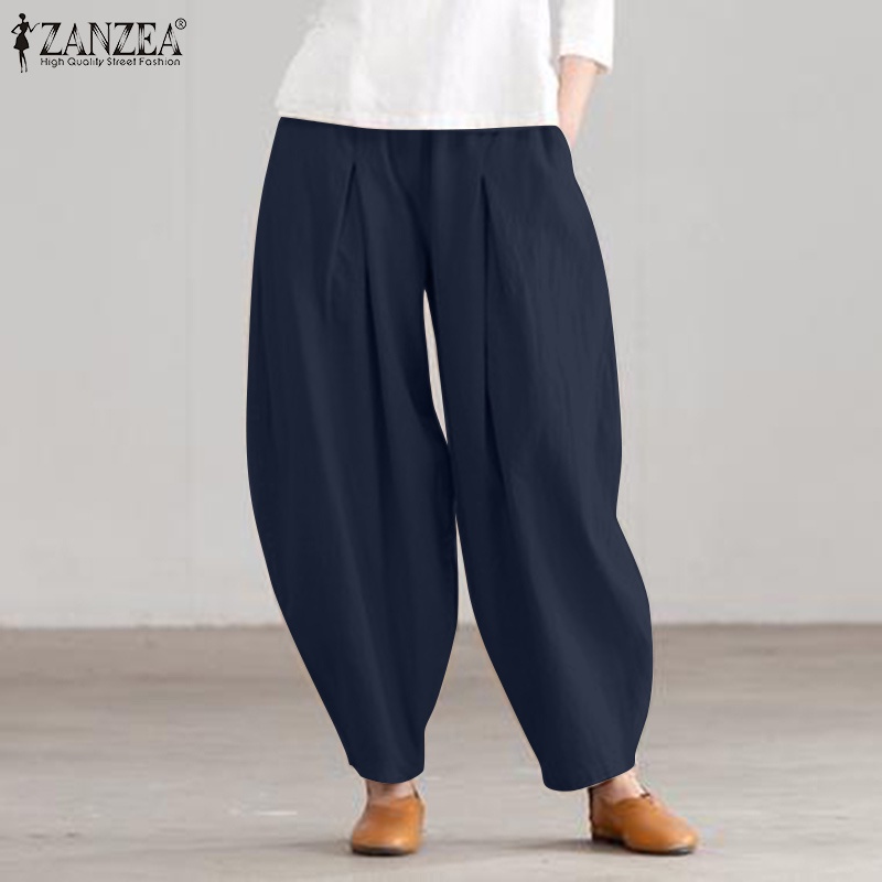 Quần harem dài ZANZEA ống rộng lưng quần co giãn màu trơn thời trang thường ngày dành cho bạn nữ