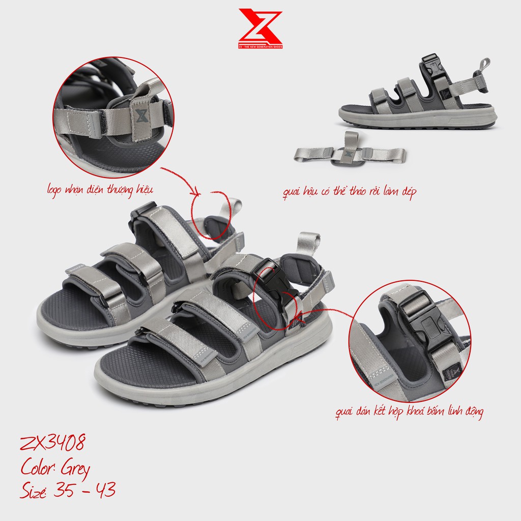 [Mã SKAMLTSM9 giảm 10% đơn 99K] Sandal Unisex ZX3408 - All Grey - 3 quai - có thể tháo dây sau