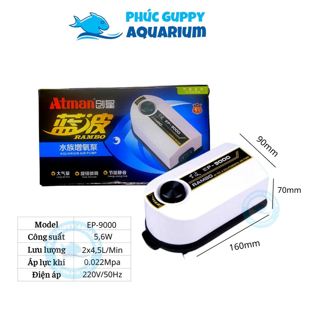 Máy Sủi Khí Oxy 2 Vòi Có Nút Chỉnh Lưu Lượng ATMAN Rambo EP-9000
