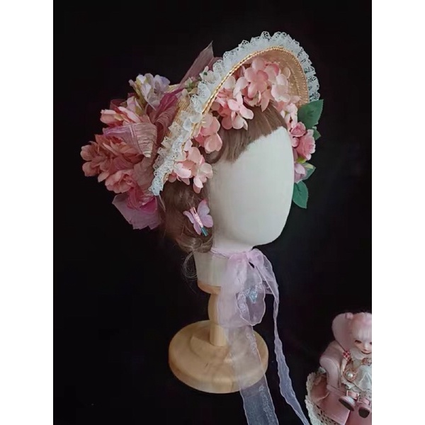 YASLC0135-Mũ rơm vintage gắn hoa