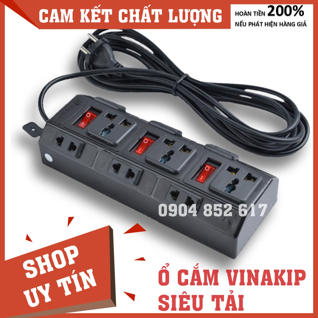 Ổ cắm VINAKIP 9 lỗ, 3 công tắc, 3 ngả, 2500W công suất cao, siêu tiện lợi