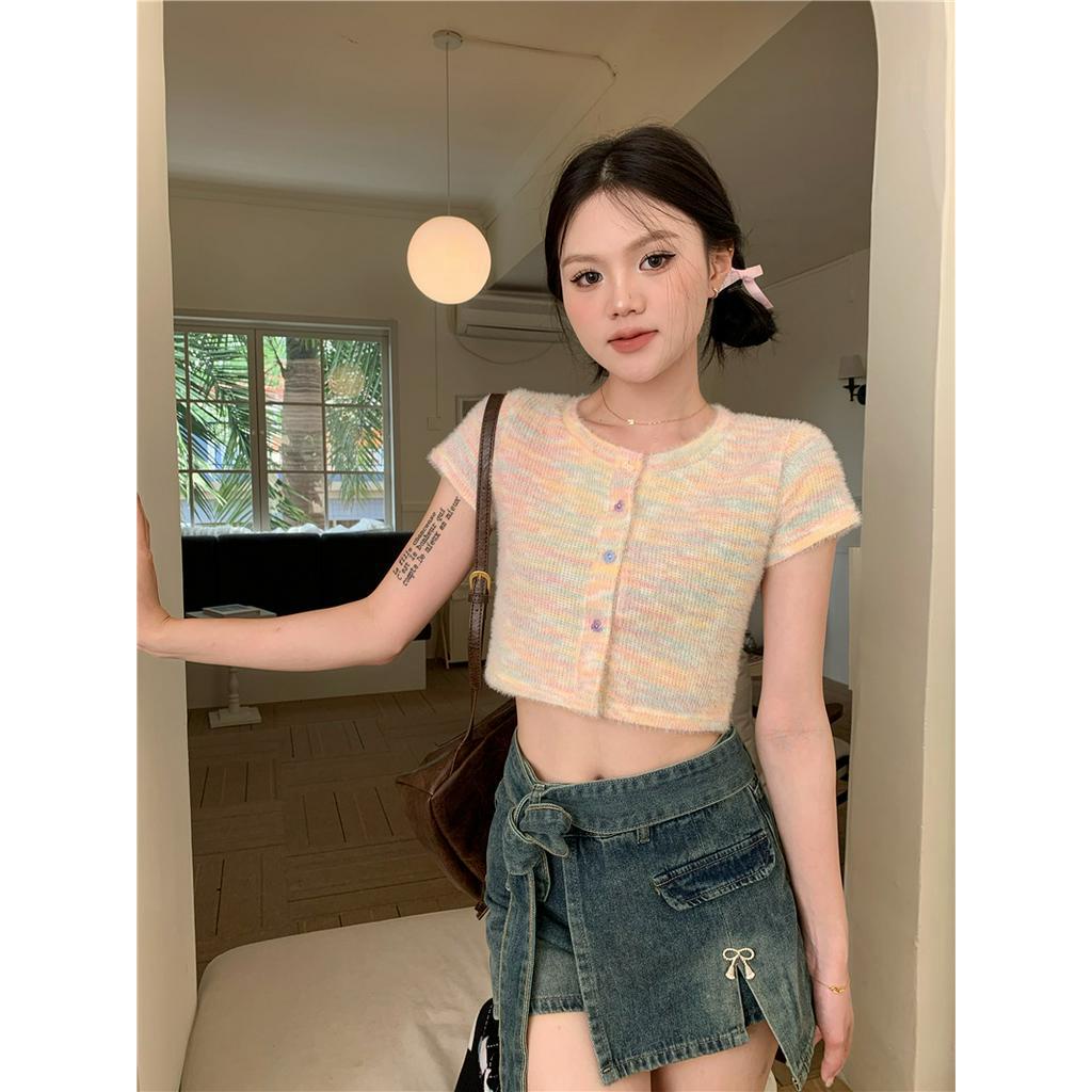 Áo Thun Dáng Ôm Ngắn Tay Phối Màu Cầu Vồng Thời Trang Cá Tính 63686