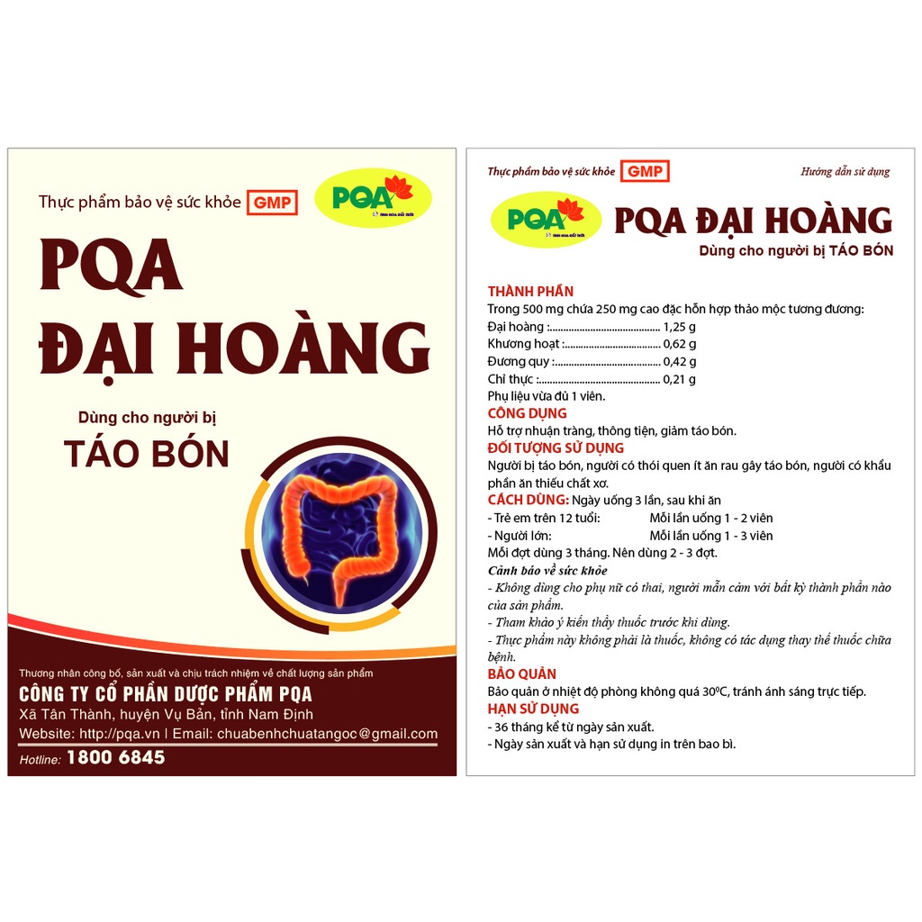 Đại Hoàng PQA Hỗ Trợ Nhuận Tràng, Thông Tiện, Giảm Táo Bón Hộp 30 Viên