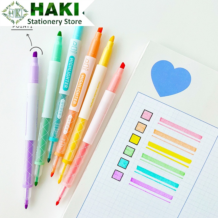 Bút dạ quang HAKI, bút đánh dấu hai đầu nhiều màu macaron nhớ dòng nhấn dòng highlighter dụng cụ văn phòng phẩm B17