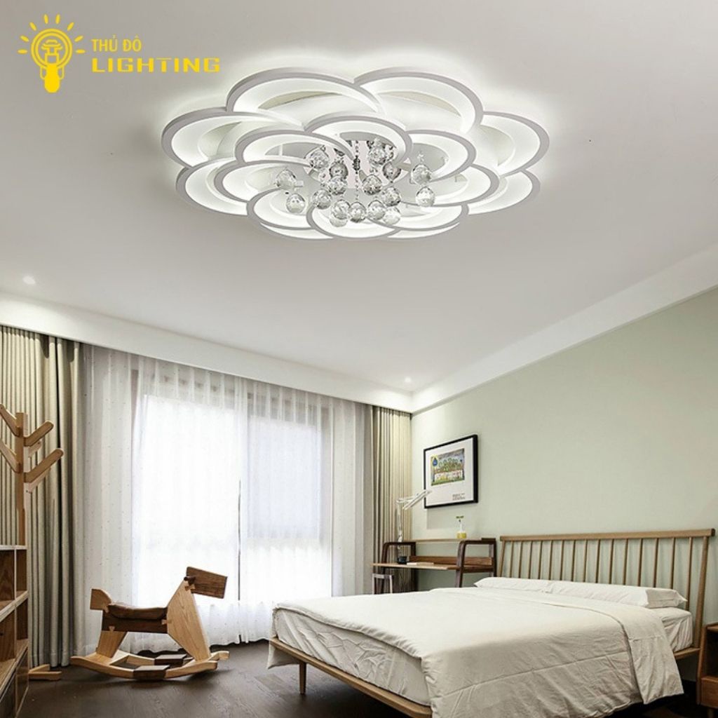 Đèn Ốp Trần Phòng Khách Lưu Ly Thảo THỦ ĐÔ LIGHTING Thiết Kế 2 Tầng Cánh Hoa So Le Kèm Viên Thả Pha Lê 2045-8+8