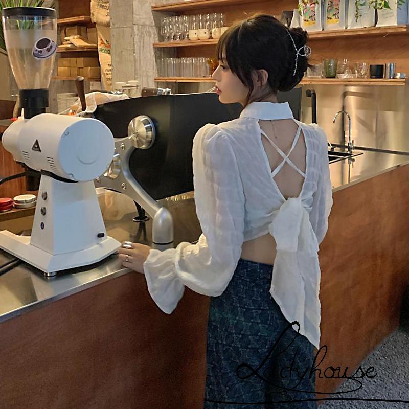 Áo croptop tay phồng dài hở lưng màu sắc đơn giản dành cho nữ