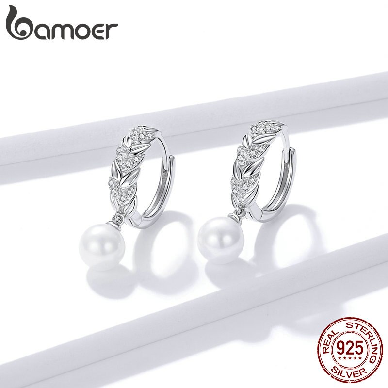 Bamoer Bông Tai bạc 925 Đính Ngọc Trai Sáng Bóng bse446