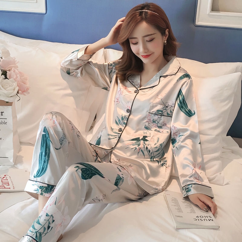 Bộ Đồ Ngủ Vải Satin In Hoa Gợi Cảm Cho Nữ Size M-5Xl