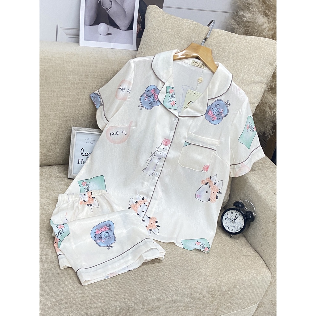 Bộ đồ mặc nhà Charmy, set ngủ lụa pijama nữ dáng áo cộc quần đùi chất lụa Gấm họa tiết trẻ trung dễ thương dễ mặc